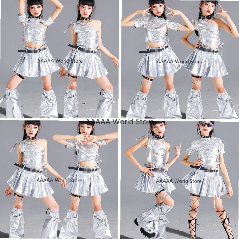 Street Fashion Europe - Cosplay Zilveren Crop Top Geplooide Rok