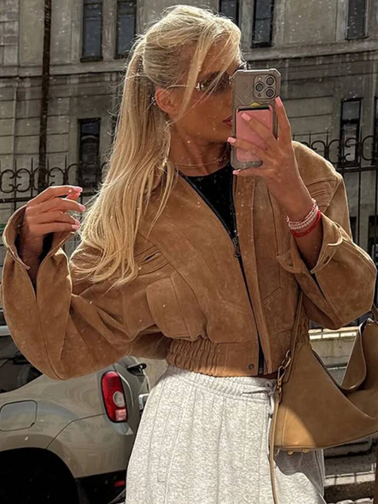Mode korte bruine suède jas da - Street Fashion Taiwan recensie en prijs