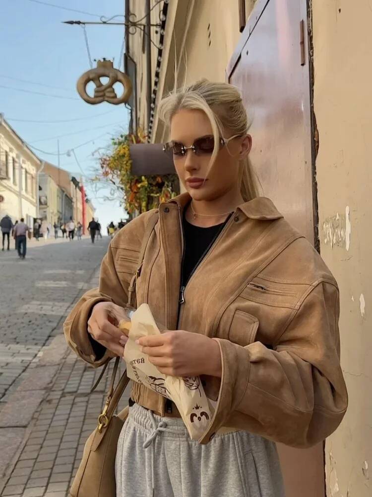 Mode korte bruine suède jas da - Street Fashion Taiwan recensie en prijs